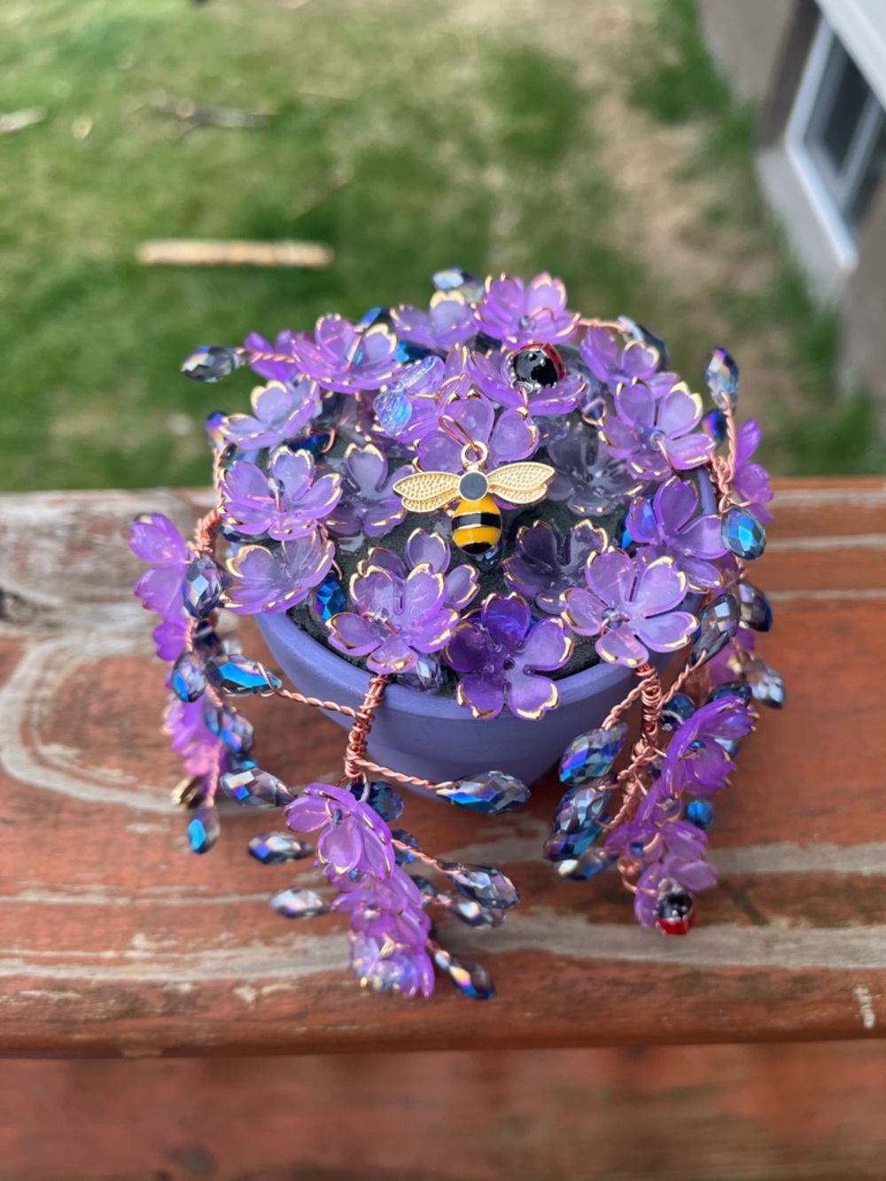 Handmade Purple Beaded Succulent w/Bee Accents, Ladybugs & Butterflies